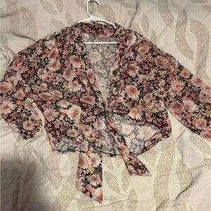 Buckle Floral Tie-Front Blouse in Pink and Black
